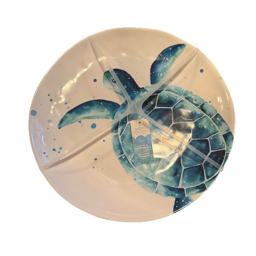 NEW! Sigrid Olsen Home Melamine 11" Blue White Sea Turtle Coastal Plates, Qty.6